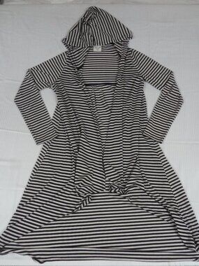 JANET CHUNG BLACK WHITE STRIPE LONG HOODED CARDIGAN SWEATER HIGH LOW MEDIUM M118